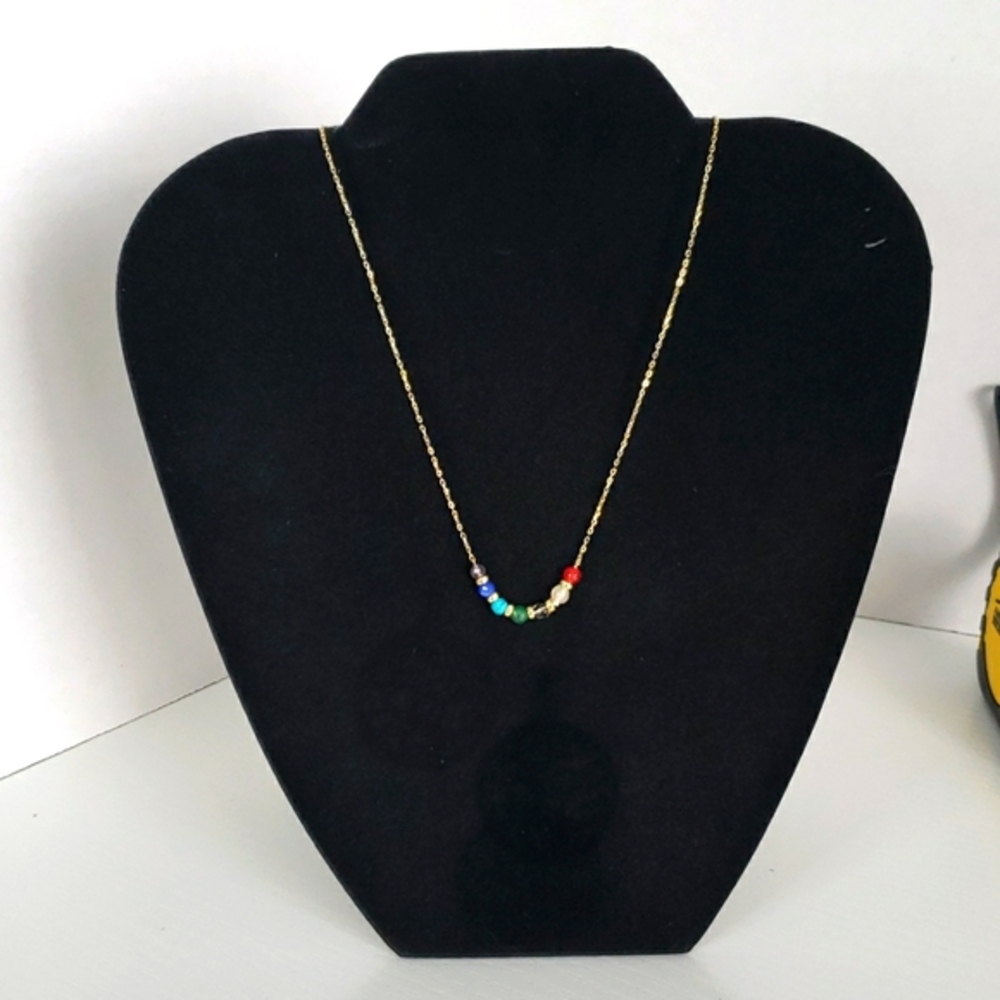 Necklace dainty gold tone multi- color stones